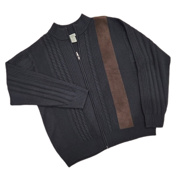 Vintage Tagio Cable Knit Cardigan Zip Sweater, Wool Suede Black/ Brown, Men's XL - Picture 1 of 5